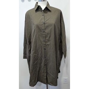 3 Potato Button Dress Shirt‎ Brown Pockets S/M Oversized Lagenlook  NWT